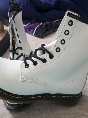White Women's Combat Boots with Black Trim - Dr. Martens Style 1460 *Brand New*